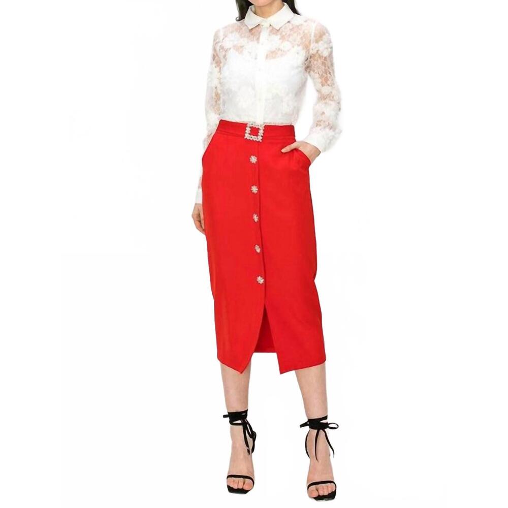 NEW INA FASHION rhinestone button down midi skirt in red